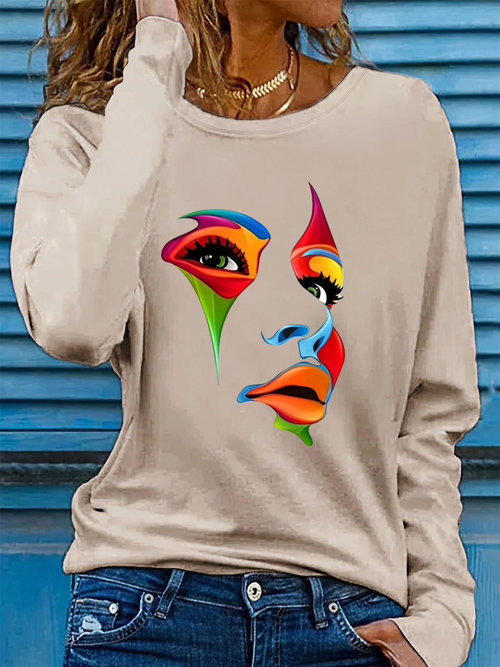 100% pure cotton women's spring and autumn casual fashion long sleeved portrait graphic printed round neck T-shirt