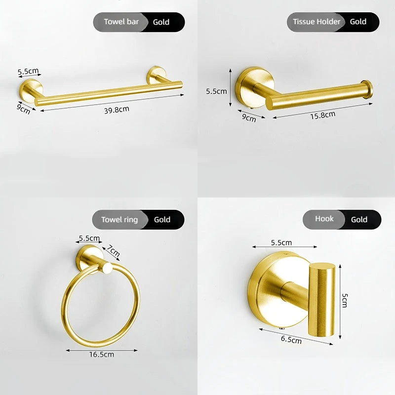 4pcs Bathroom Punch-free Towel Bar Set Stainless Steel Bathroom Hardware Wall-mounted Towel Rack Hook Tissue Holder