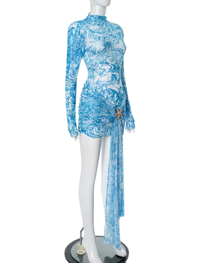 Women Blue Print Mesh Short Dresses Chic Sexy Summer Long Sleeve See-through Bandage Starfish Holiday Beach Dress Streetwear Hot