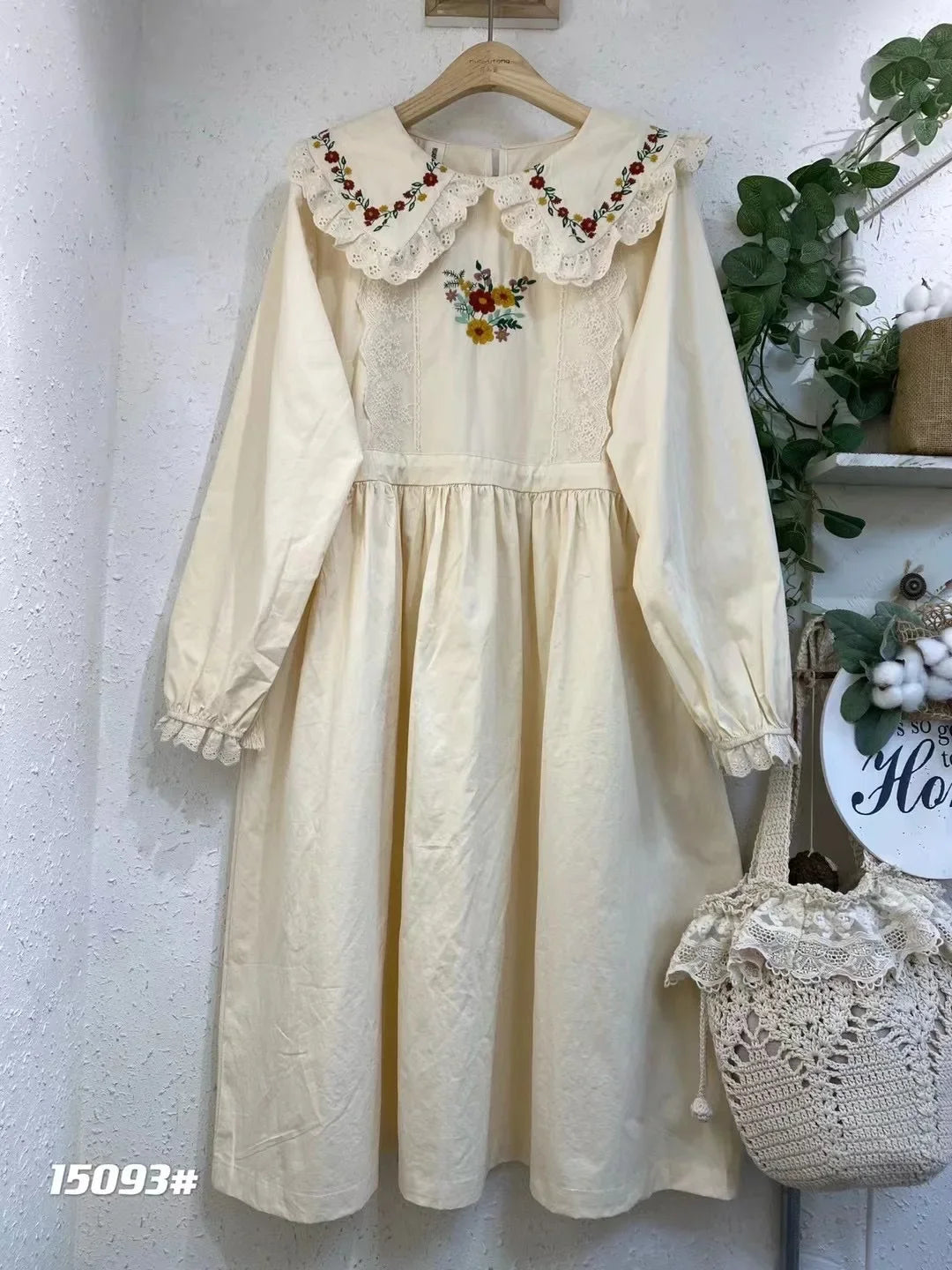 Mori Girl Floral Embroidery Cotton Linen Dress for Women, Autumn Lace, Peter Pan Collar, Kawaii Dress, Casual Long Sleeve Sundre