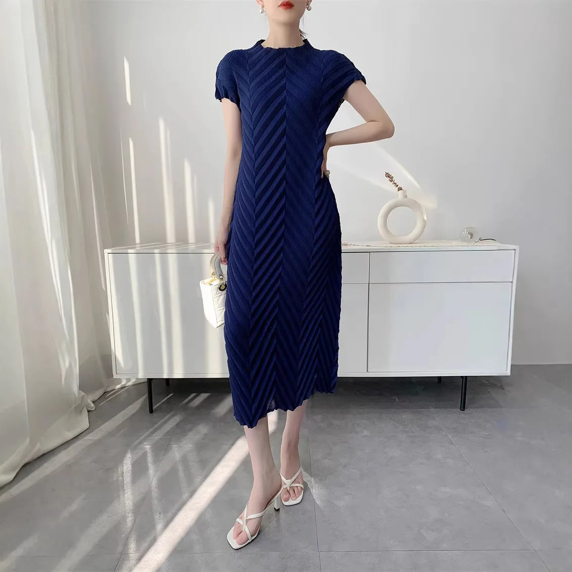 Miyake Handmade Pleated Dress Women's 2026 Spring New Solid Color Half-high Collar Sleeves Pullover Elegant Pleated Skirt