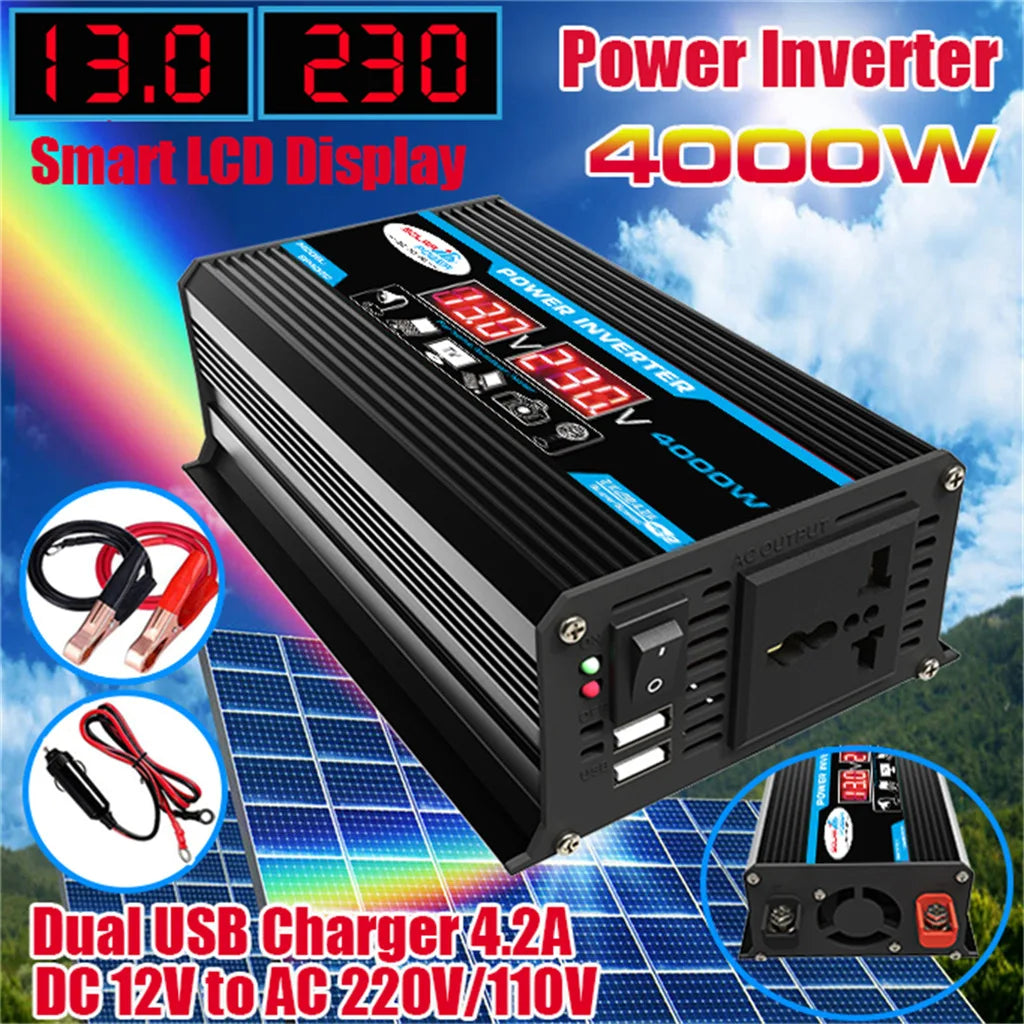 [Hot Sale] 4000W Power Inverter 12V to 220V/110V with USB Port – Solar/Car/Home Use, Pure Sine Wave for LED Display, RV, Camping