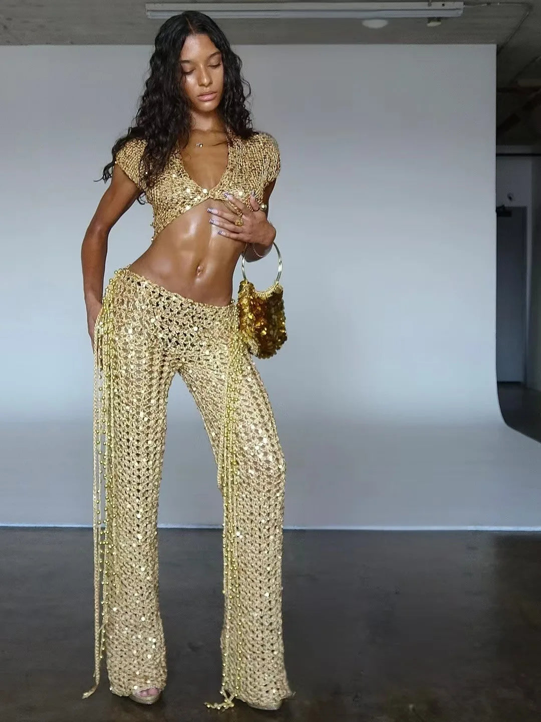Sexy Sequin Hollow Out Pants Set V-neck Short Sleeved Top+Pants Two Piece Set Fashion Party Clubwear Evening Festival Outfit