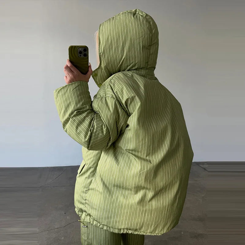 Street Striped Women's Cotton Coat Trouser Suits Hooded Zippers  Autumn Winter Thicken Lady Set 2026 Chic Female Outfits
