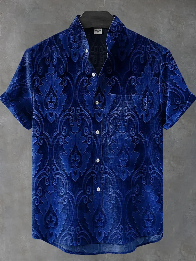 New Men's Shirt 3D Printed Linen Shirt Men's Casual Short Sleeved Top Fashionable Men's Lapel Button Up Shirt Printed T-shirt