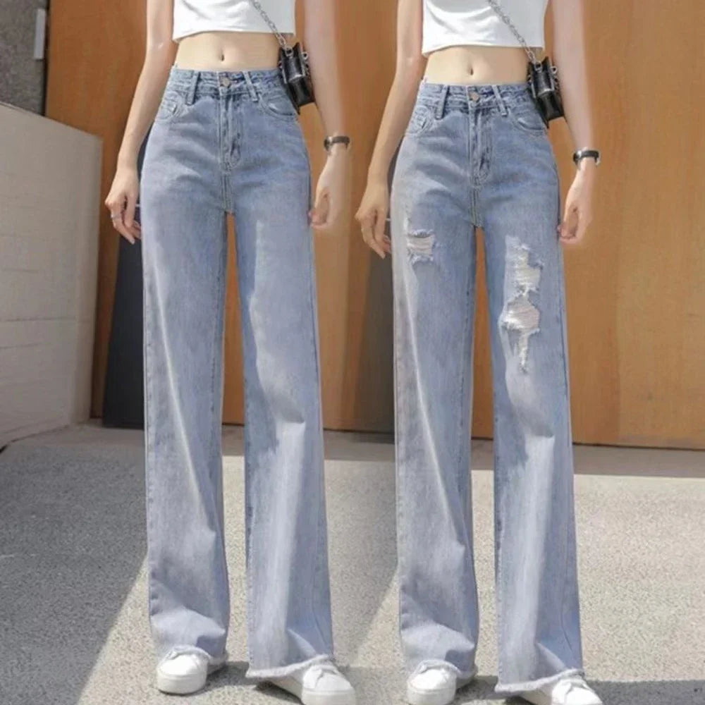 Torn Trousers with Pockets Women's Jeans Holes Blue High Waist Shot Female Denim Pants Ripped Vibrant R Wholesale Baggy Basics Z