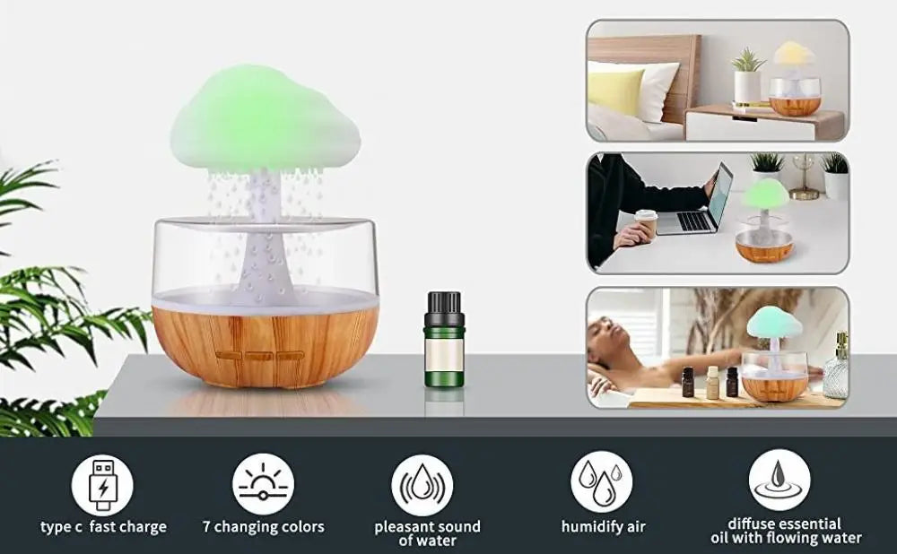Rain Cloud Humidifier Rain Colorful Mushroom Cloud Raindrop Atmosphere Lamp Night Light Essential Oil Small Aromatherapy Machine
