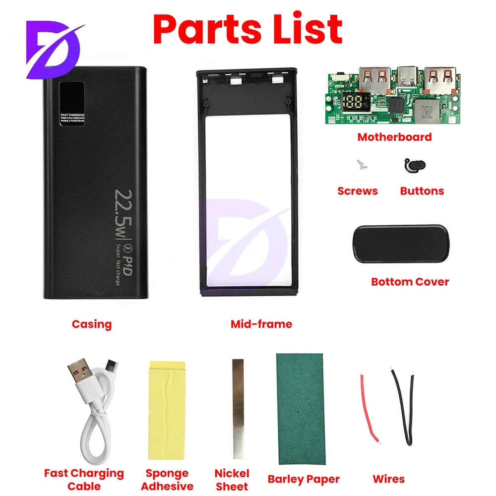 22.5W Fast Charging Motherboard Power Bank DIY Kit 1260110 Battery Box Power Bank DIY Kit 20000mAh Power Bank Case