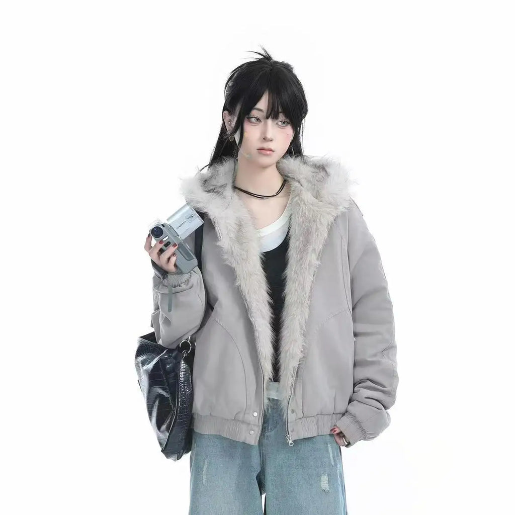 winter retro american woolen collar hooded cotton jacket thick plush top men street hip hop gothic harajuku oversize jacket coat
