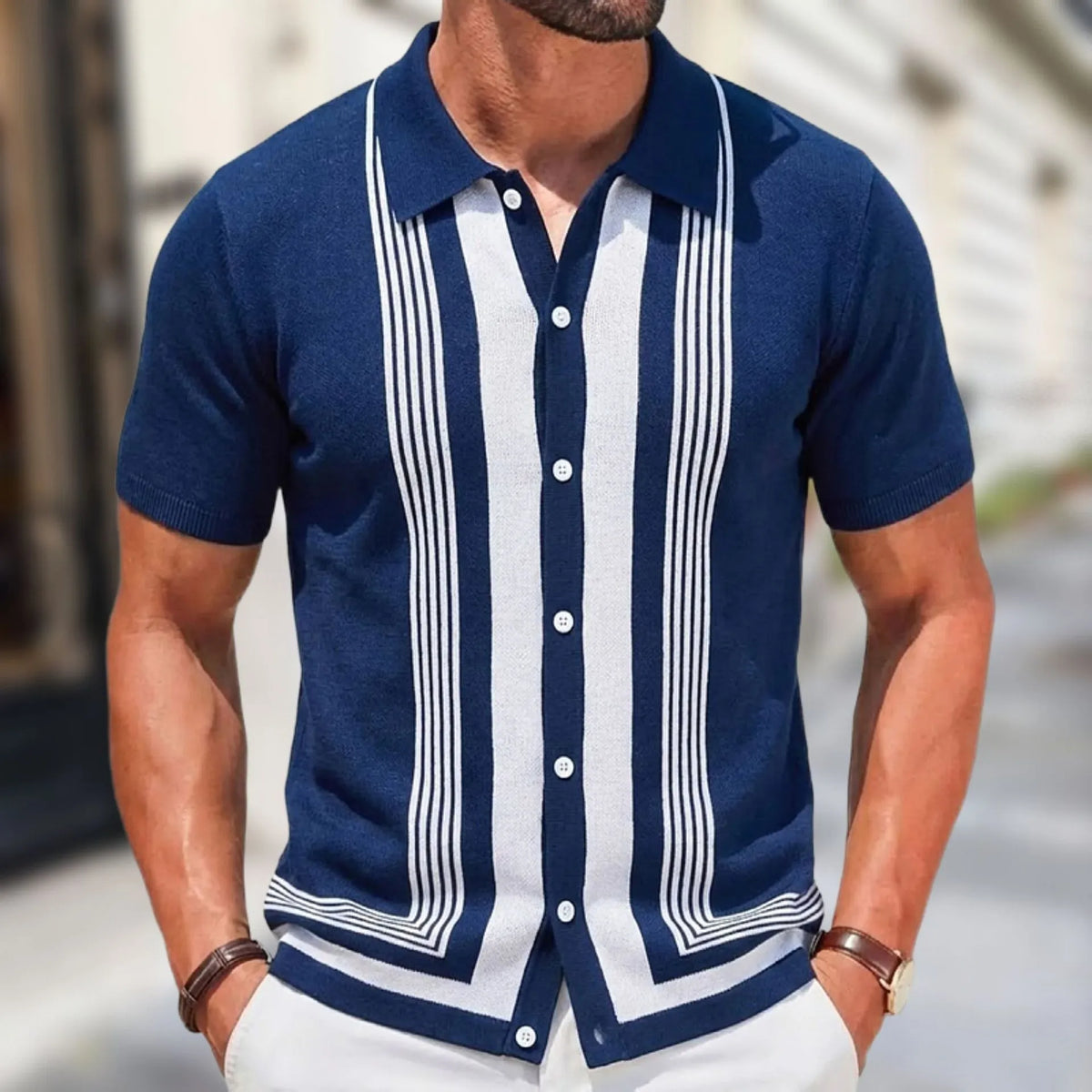 Summer Men Knitted Cardigan Polo Shirts Short Sleeve Striped Jacquarded Business Shirts American Retro Premium Quality Knitwear