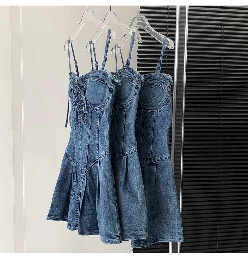 Sexy Mini Spaghetti Strap Lace-Up Jeans Dress Women 2024 New Trendy Summer Girls Dress Fashion Ripped Tassel Denim Dress Female