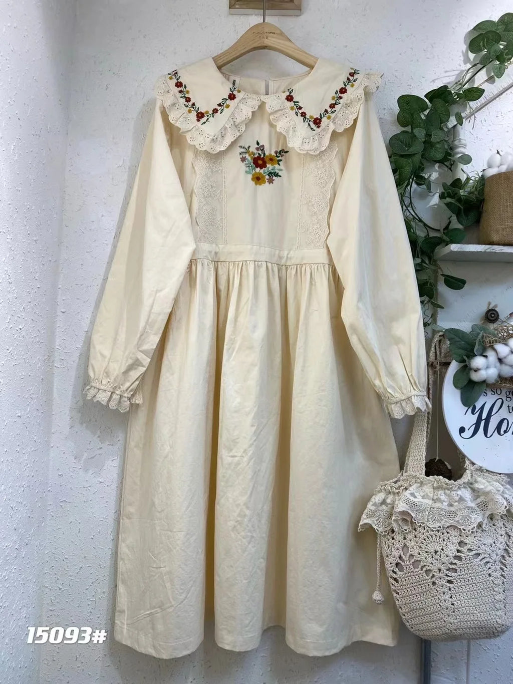 Mori Girl Floral Embroidery Cotton Linen Dress for Women, Autumn Lace, Peter Pan Collar, Kawaii Dress, Casual Long Sleeve Sundre