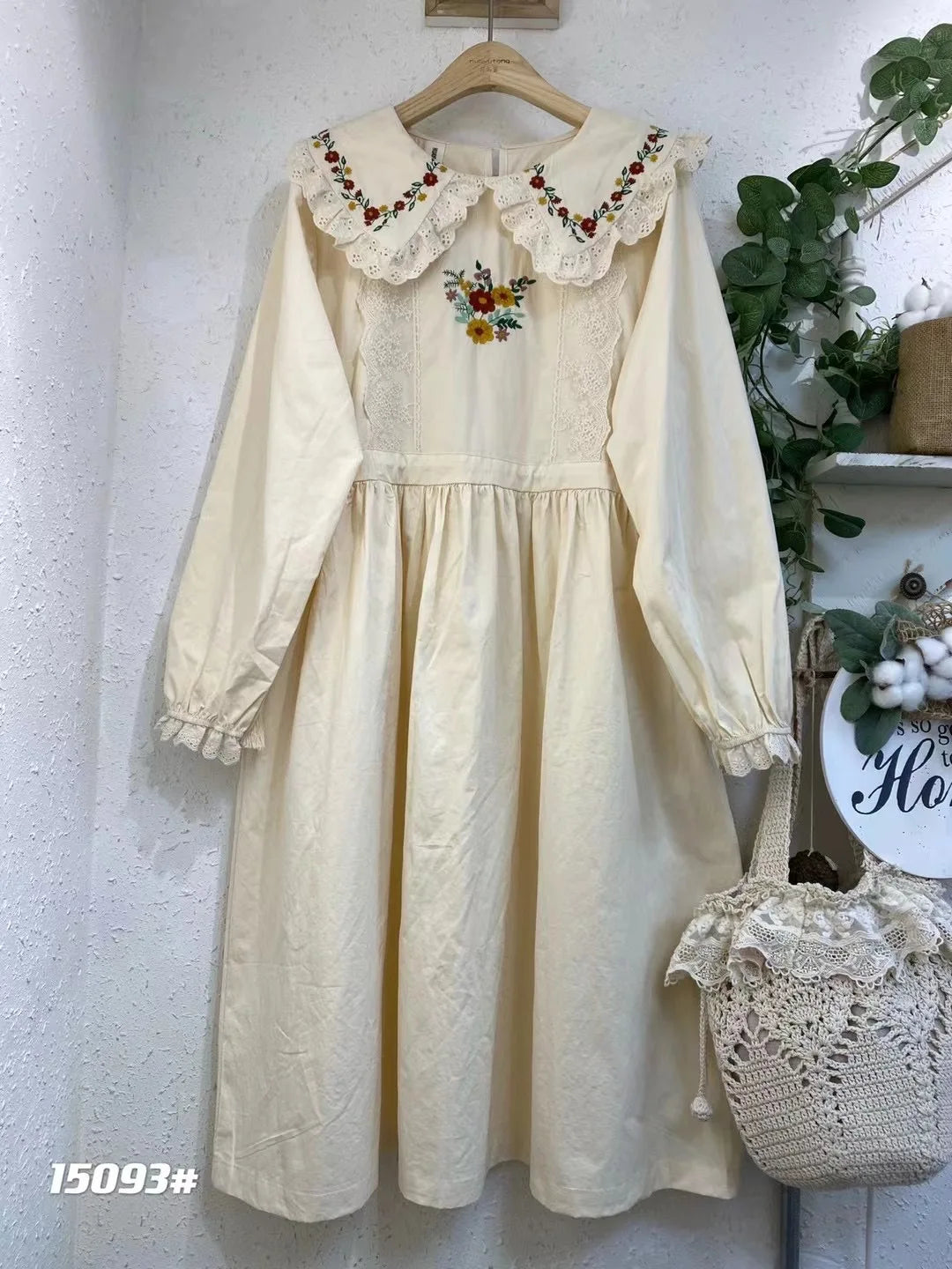 Mori Girl Floral Embroidery Cotton Linen Dress for Women, Autumn Lace, Peter Pan Collar, Kawaii Dress, Casual Long Sleeve Sundre