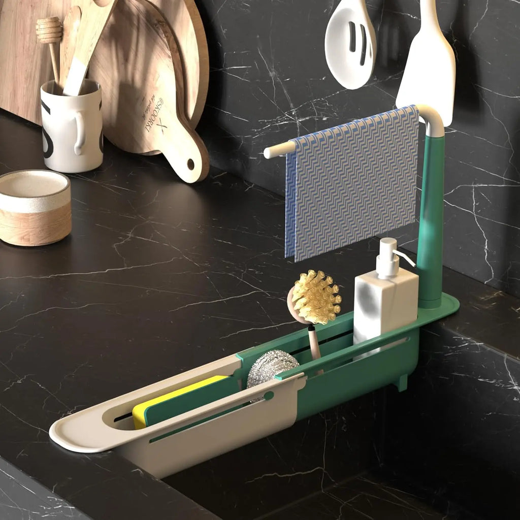 Multipurpose Sink Organizer Rack Telescopic Design with Two Sponge Holders Keeps Kitchen Counter Dry Neat for Cleaning Storage