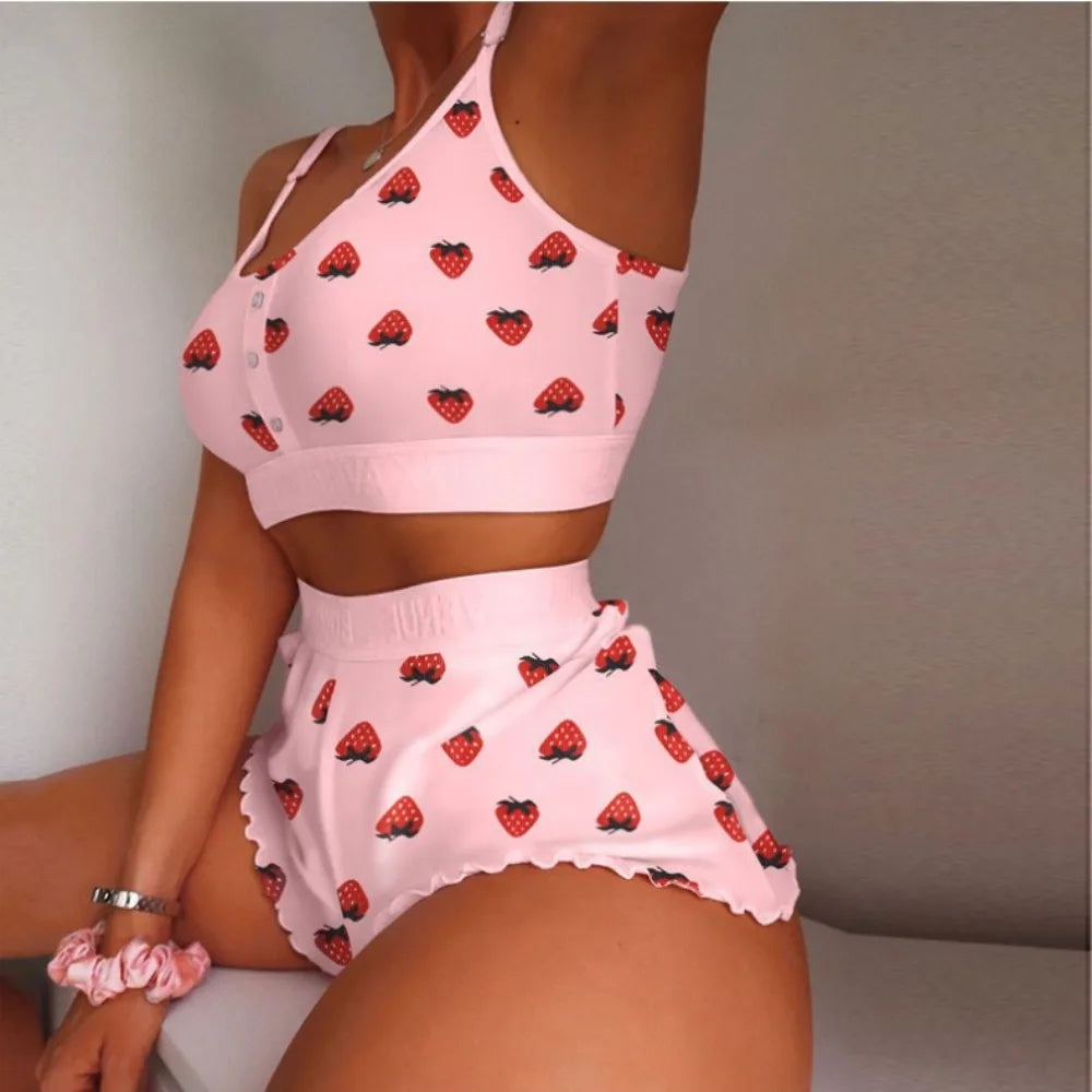 Creative Multiple Print Women Pajama Set Suspender Style Comfortable Pajama Shorts Set Sleeveless Breathable Lingerie Set