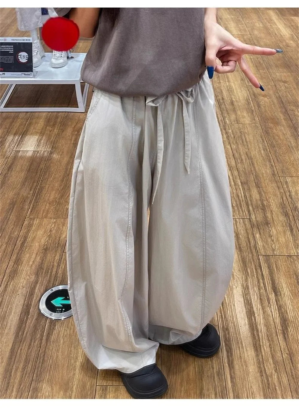 Summer Women Wide Leg Pants Elastic High Waisted Loose Casual Trousers Pockets Drawstring Gray Comfortable All-Match Streetwear