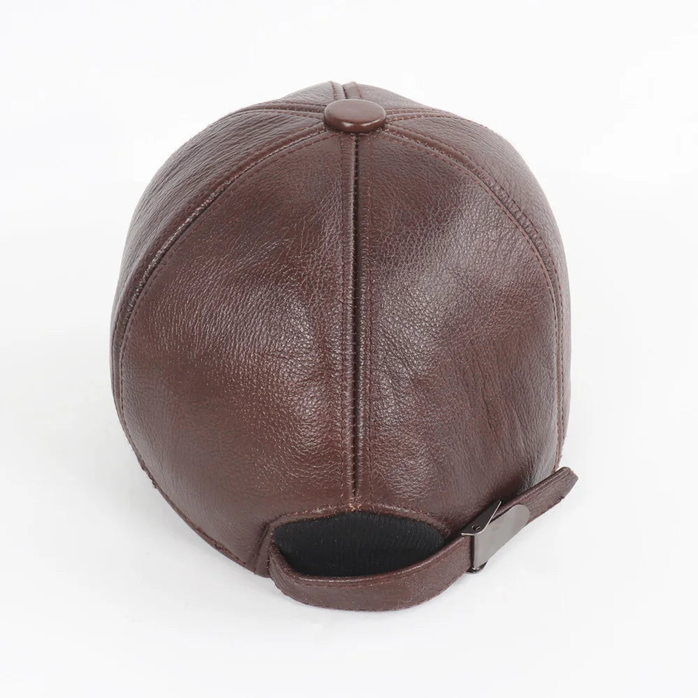 New Men Casual Real Leather Earflap Cap Men Real Cowhide Leather Caps Male Fall Winter Genuine Real Cow Leather Baseball Hats