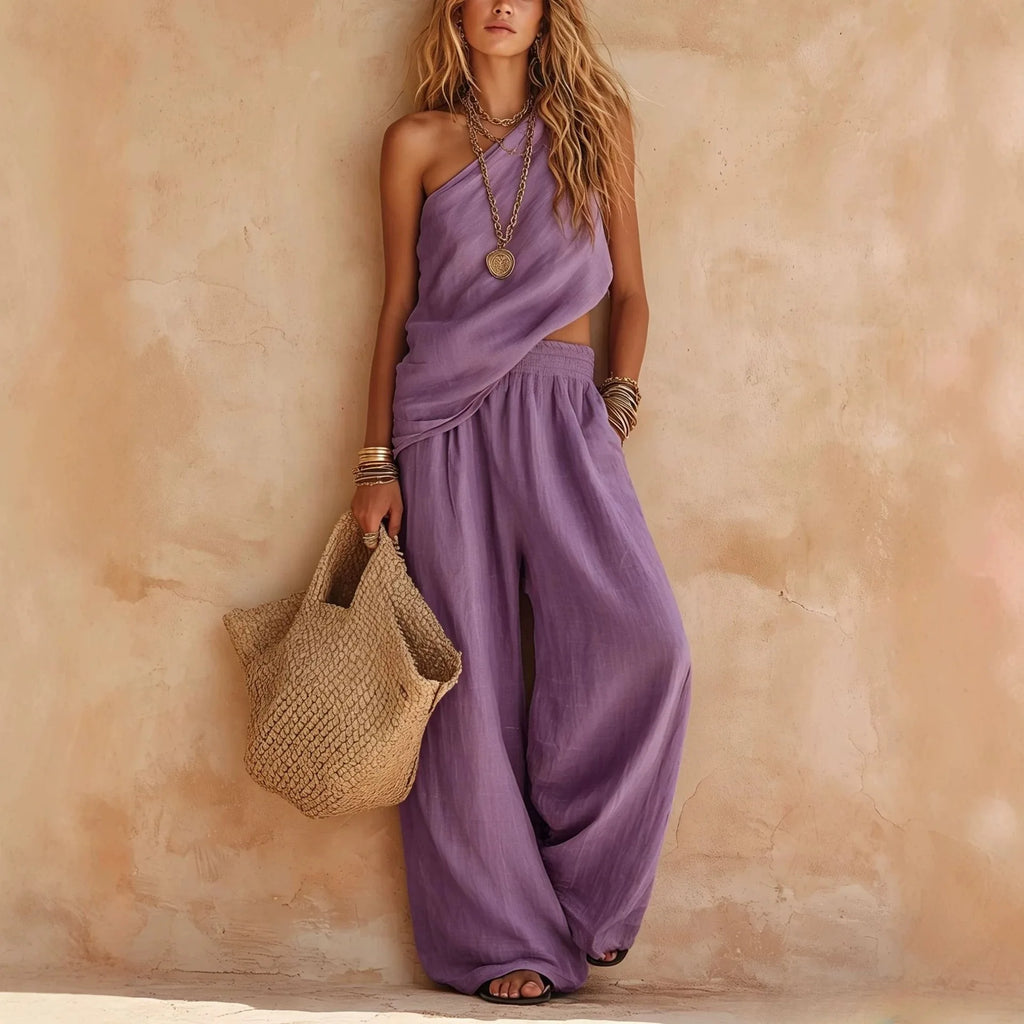 Women One Shoulder Sleeveless Top and Elastic Waist Wide Leg Pants Set Loose Casual Ladies Two Piece Outfit