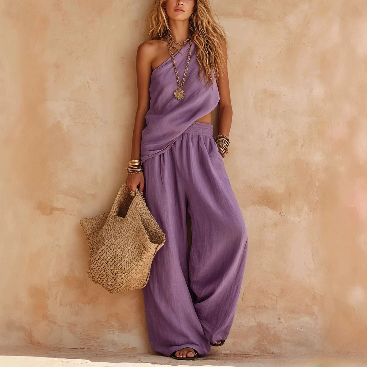 Women One Shoulder Sleeveless Top and Elastic Waist Wide Leg Pants Set Loose Casual Ladies Two Piece Outfit