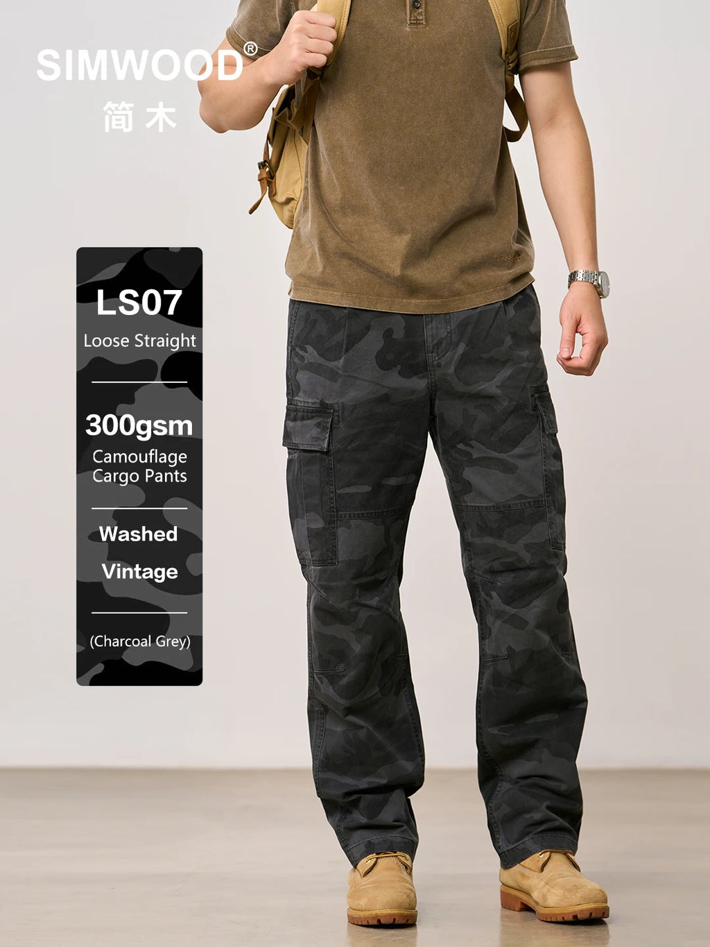 SIMWOOD 2026 Autumn Winter New Loose Straight 300gsm 100% Cotton Fabric Camouflage Cargo Pants Washed Vintage Outdoor Trousers