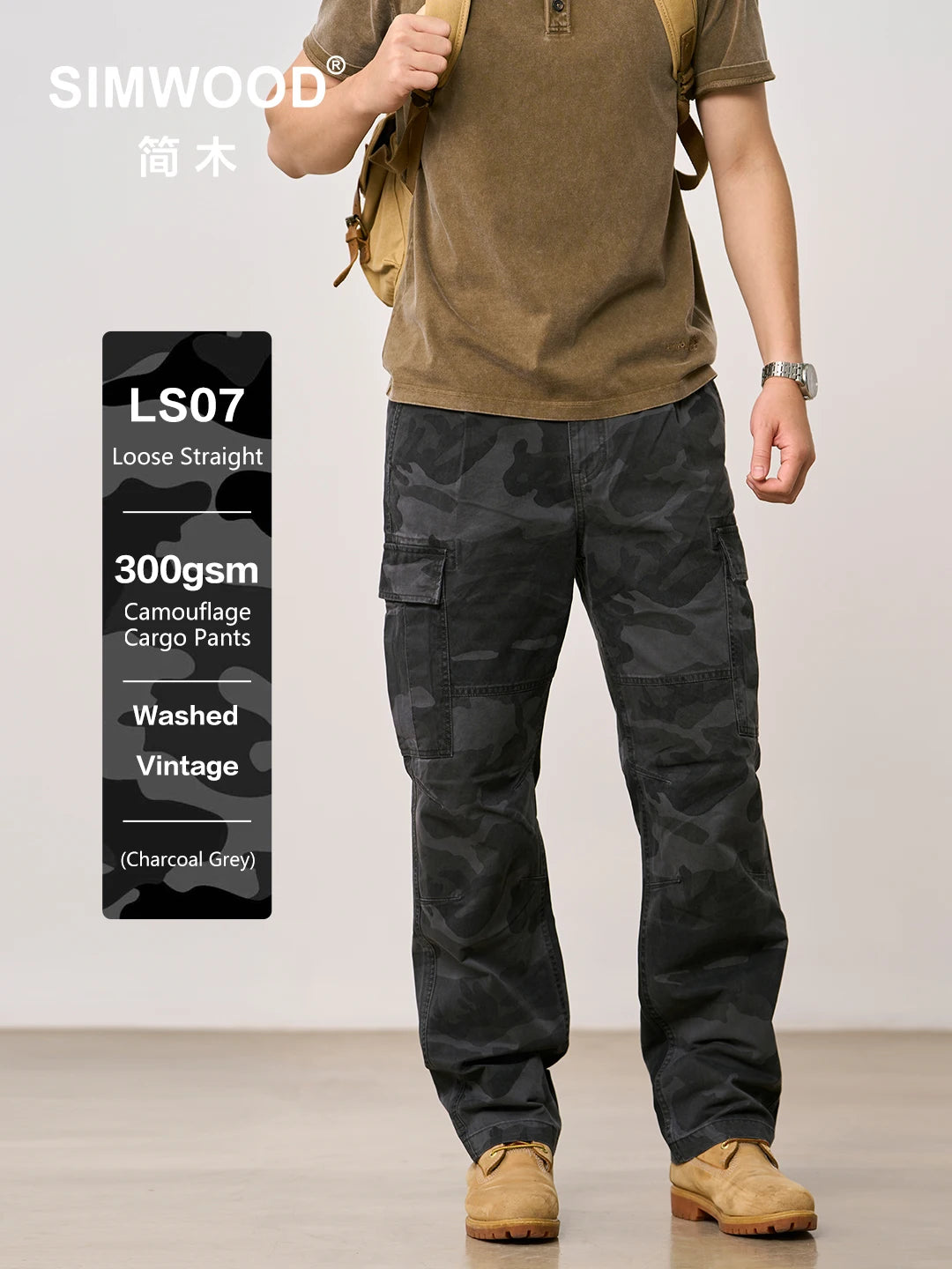 SIMWOOD 2026 Autumn Winter New Loose Straight 300gsm 100% Cotton Fabric Camouflage Cargo Pants Washed Vintage Outdoor Trousers