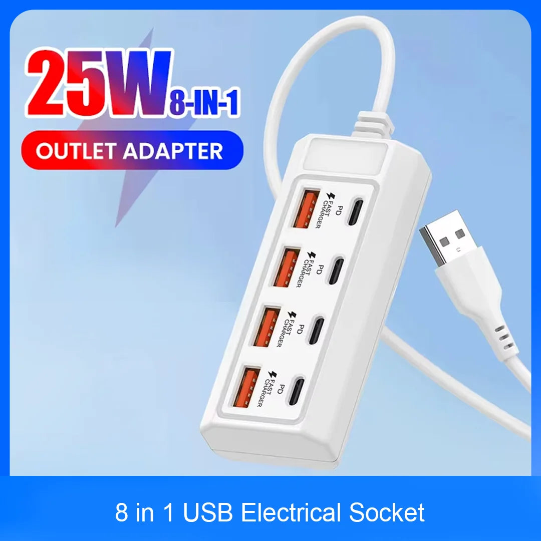 8 in 1 USB Electrical Socket 25W Fast Charging Power Outlet Adapter Docking Stations USB Splitter Converter USB Extension Socket