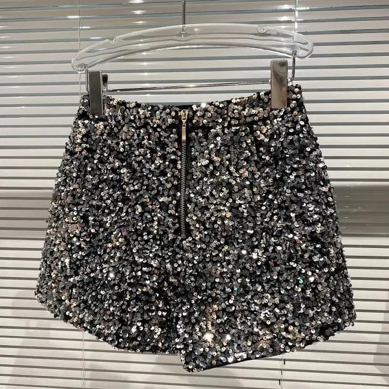 Spring/summer new Spice Girls sequin zipper shorts Slimming suede embroidered beaded casual pants