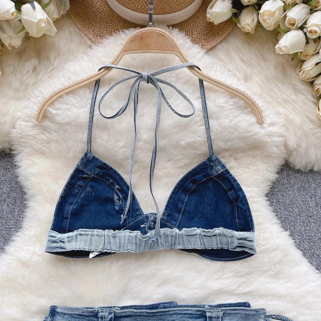 Retro Women Bikini Denim Suits Summer Halter Camis Mini Short Pant Fashion Vacation Suits Sexy Comfortable