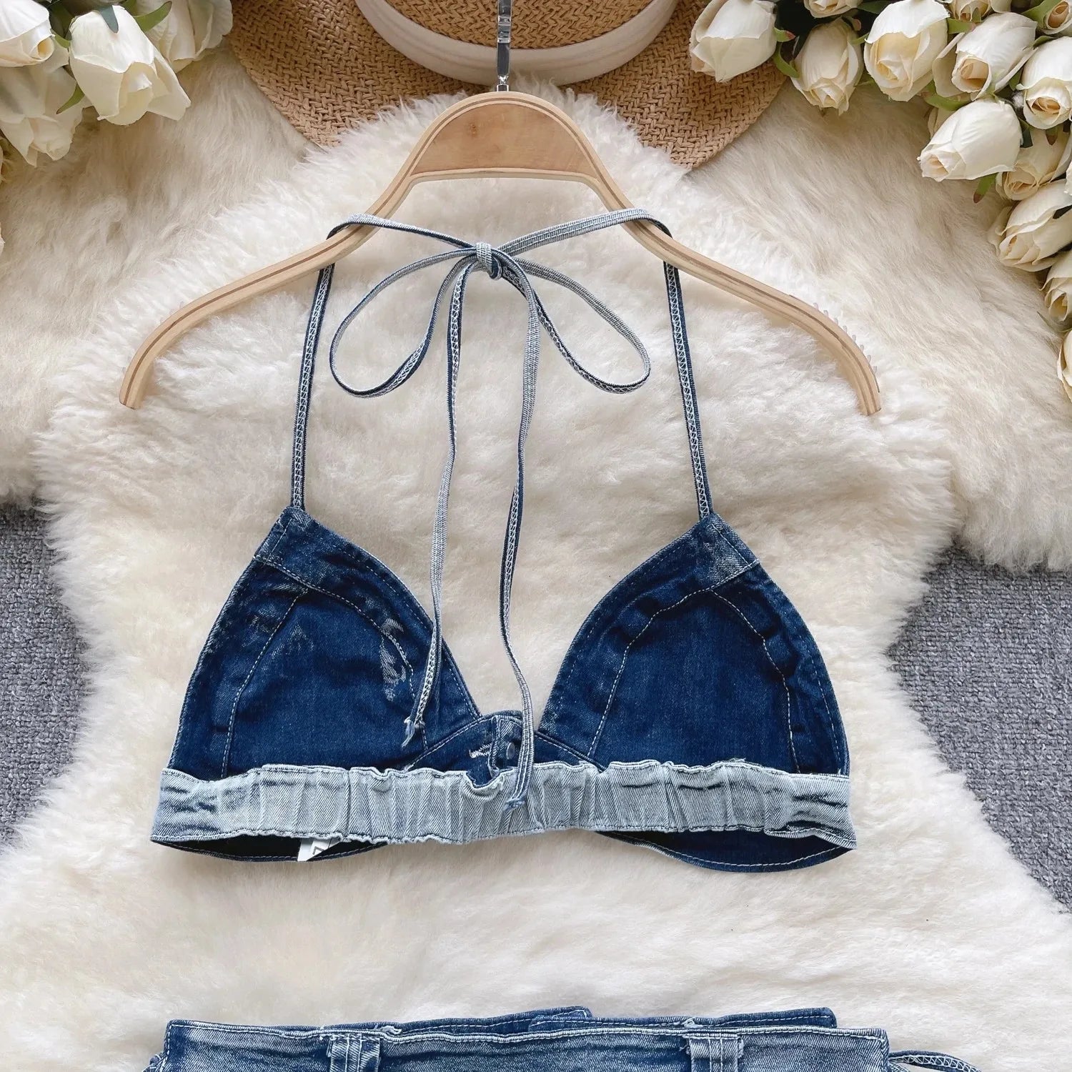 Retro Women Bikini Denim Suits Summer Halter Camis Mini Short Pant Fashion Vacation Suits Sexy Comfortable