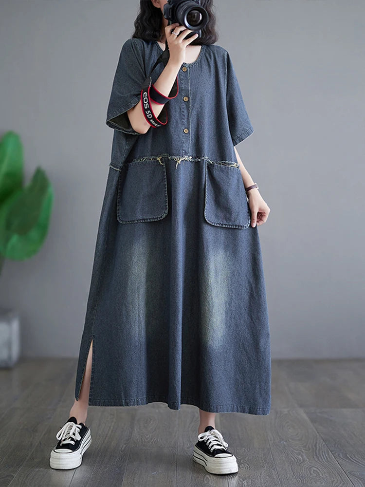 NYFS 2025 Summer New Woman Denim Dress Vestidos Robe Elbise Loose Plus Size Long Sleeve Pocket Slit Jeans Long Dress