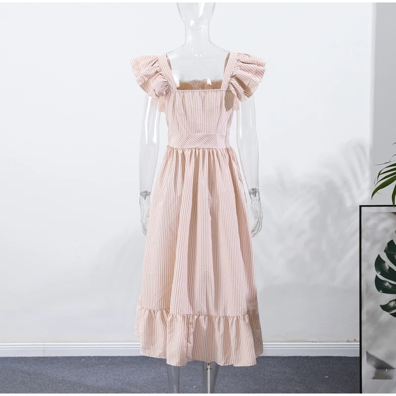 Fashionable Striped Ruffle Pleated Women's Dress Elegant Solid Square Neck Single Button Dresses Female Summer Chic Casual