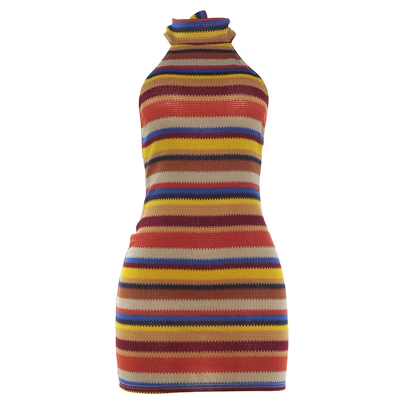 Cryptographic Striped Knit Halter Mini Dress Colorful Contrast Sleeveless Backless Summer Casual Clubwear Bodycon Short Dresses