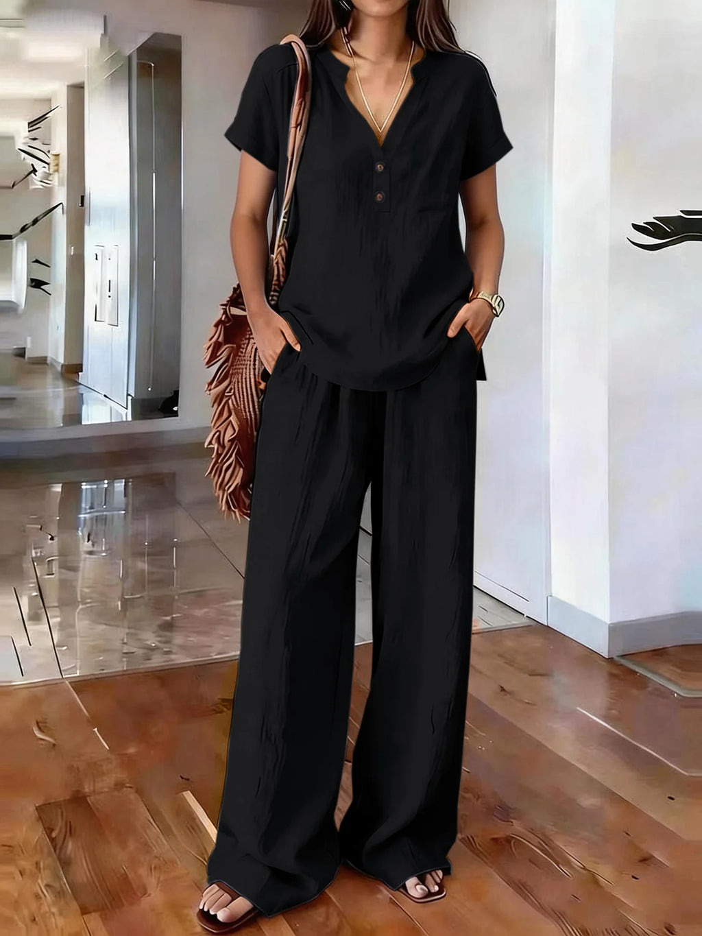 Solid Color Casual Loose Pants Sets For Women 2026 Elegant Summer Women's Two Pieces Suit Full Trouser Set Female Outfit Clothes