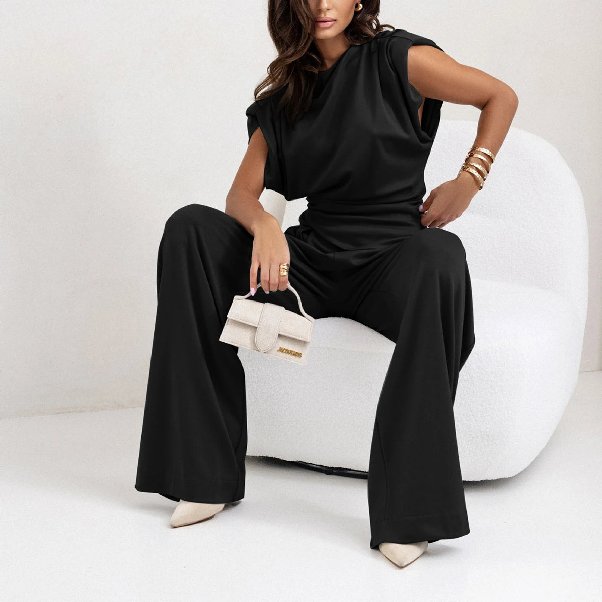 Elegant Simple Women Solid Color Sleeveless Two-piece Set Fashion High Street Irregular Outfit Straight Commuting Top Pants Suit