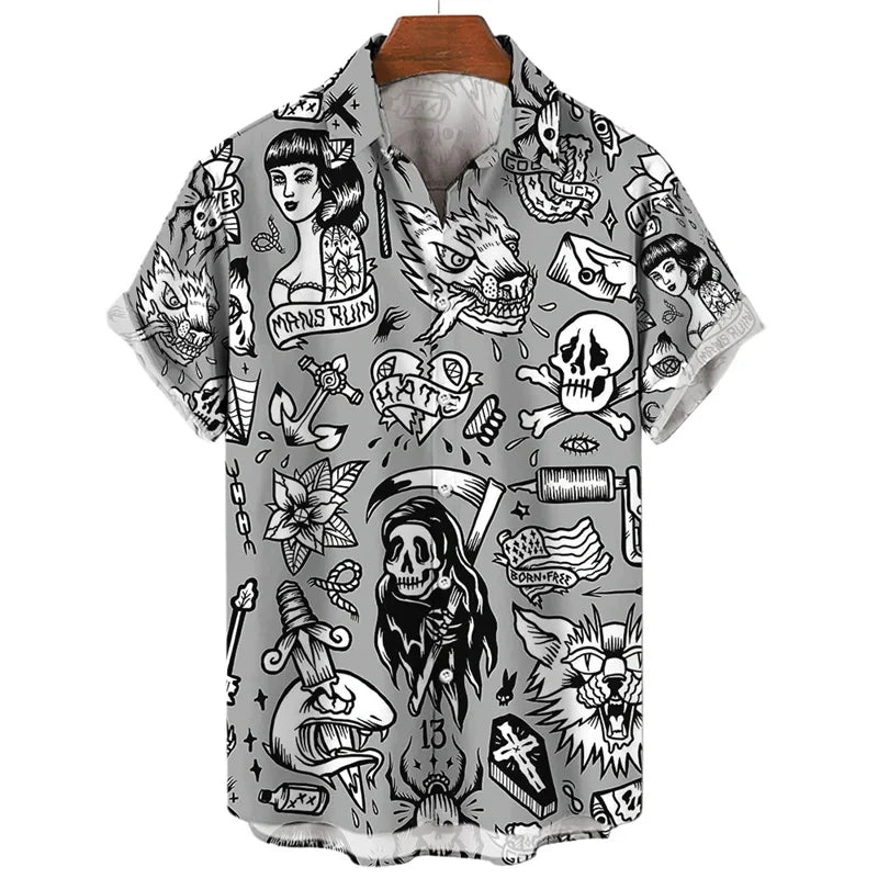 3D retro digital printed men's lapel short sleeved shirt