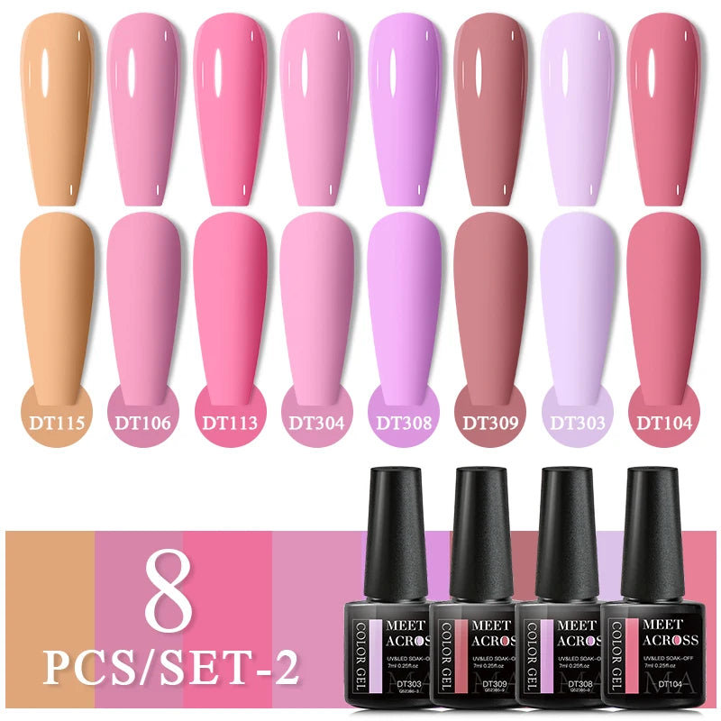 MEET ACROSS 6/8Pcs Set Glitter Gel Nail Polish Autumn Winter Nail Art Varnishes Semi Permanent Soak Off UV Gel Kit Nails Lacquer
