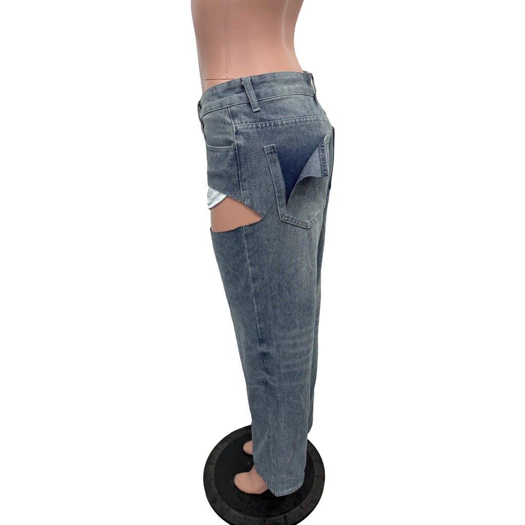 FAGADOER Y2k Sexy Hollow Out Denim Pants Women Solid Color Hole Patchwork High Waist Jeans Female Streetwear Bottoms 2025 New
