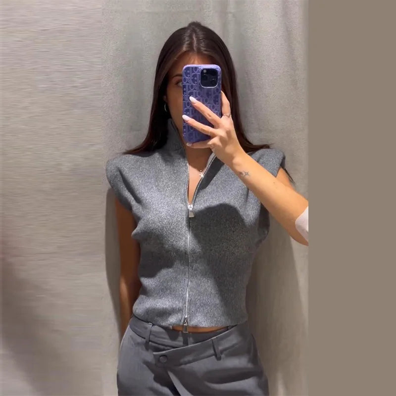 Sleeveless Padded Shoulder Women's Knitted Vest Half Turtleneck Double Zipper Cropped Slim Solid Knit Cardigan Street New Tops