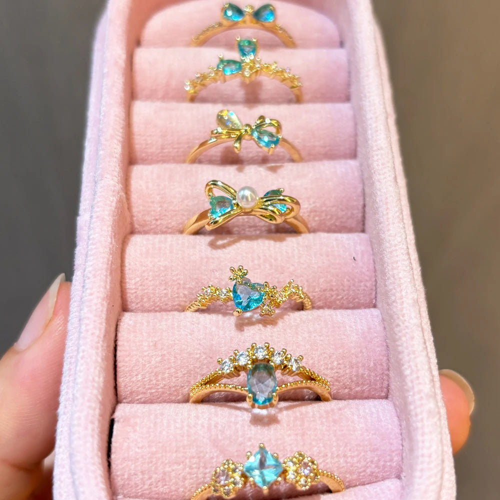 Vintage Blue Crystal Bow Knot Rings Women Gold Plated Open Adjustable Ring Sweet Heart Zircon Pearl Finger Ring Fashion Jewelry