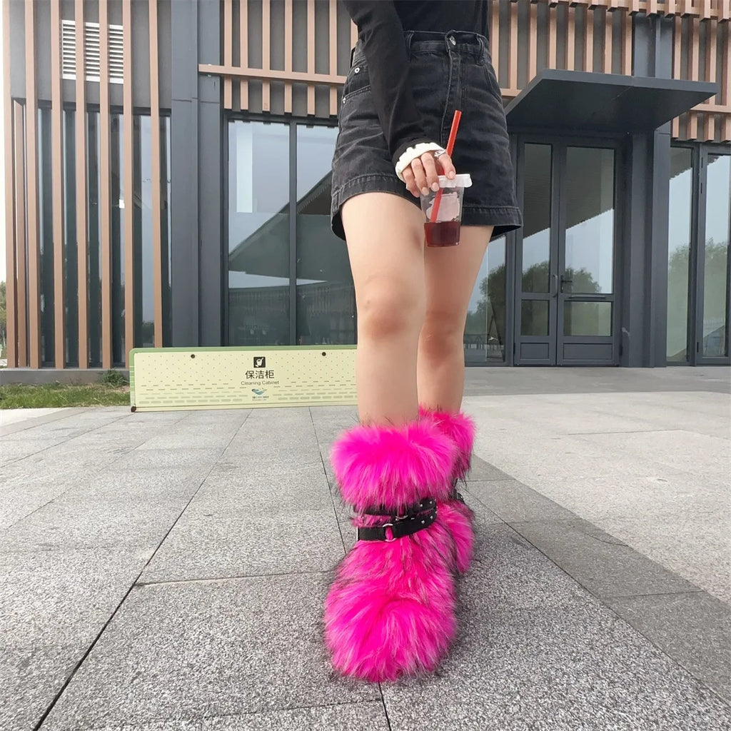 Winter Fur New Design Onepiece Raccoon FurFemale Snow Boots Fur shoes OutdoorMid Leg Boots y2k Cool Pink Girl