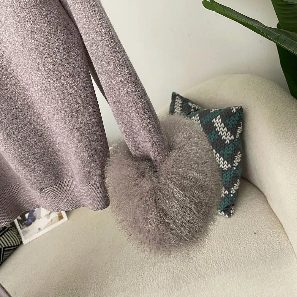 2024 New Fashion Autumn Winter Natural Real Fox Fur Cuffs Coat Knitted Sweater Women Long Pants Set Jacket Thick Warm