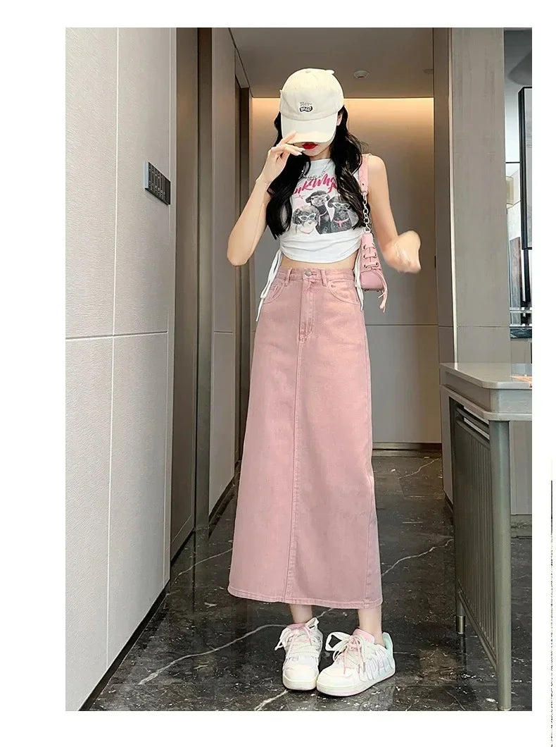 New Summer Women's 100% Cotton Denim Shorts Pink High-waisted Slit Retro Elegant Fashionable Casual Denim Long Skirt Female