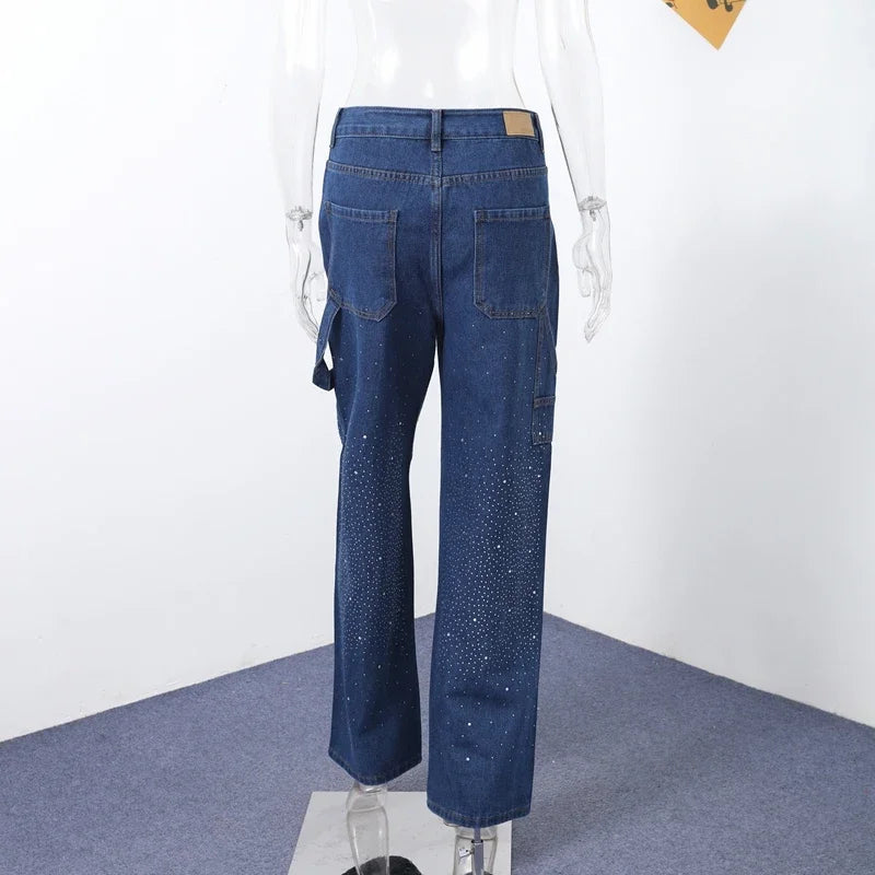 Shiny Rhinestone Baggy Women's Wide Leg Jeans Full Diamond Wide Leg Dragging Denim Pants Vintage Washed Pants Casual Trousers
