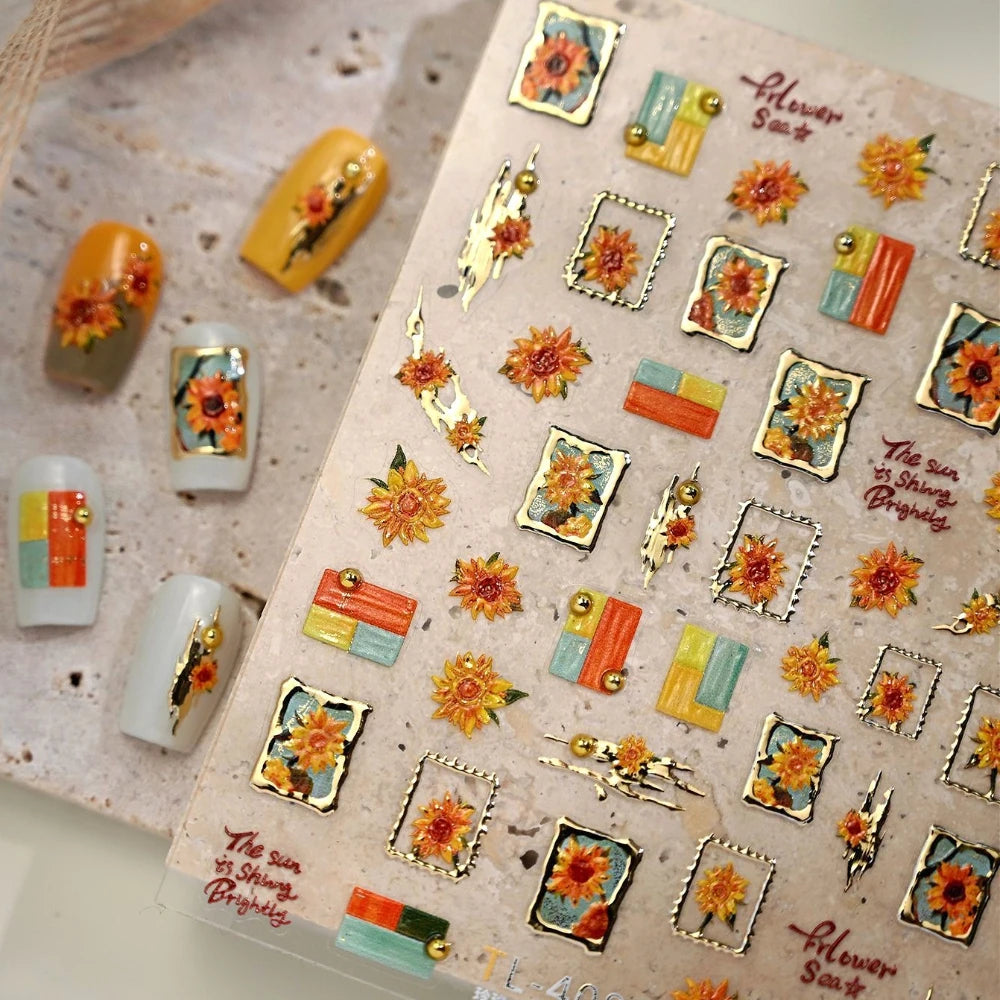 Gold Stamped Frame Oil Painting Style Sunflowers Metal Bead 3D Self Adhesive Nail Art Stickers Autumn Manicure Decals Wholesale