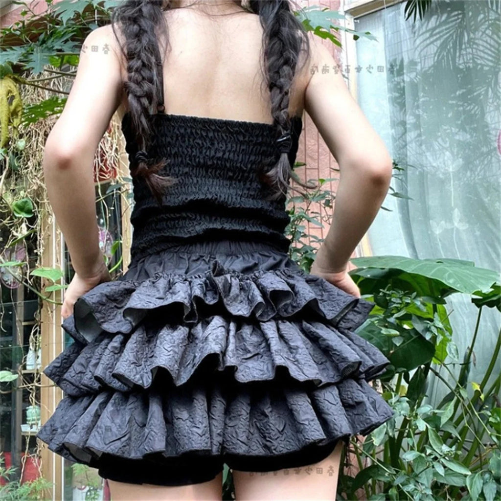 Kawaii Ball Gown Short Skirt Pleated Ruffles Layered High Waist Solid Mini Cake Skirts Lolita Girl Sweet Cute Elastic Waist  Y2K