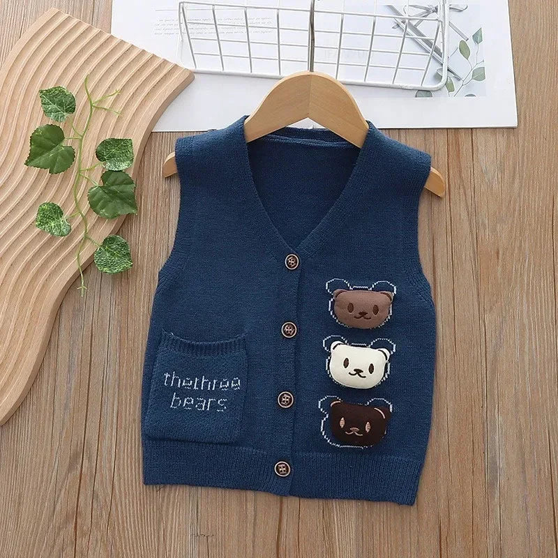 Spring Autumn New Outdoor Kids Knitted Vest Boys Girls Baby Solid Color Sweater Waistcoats Warm Soft V-neck Infant Vest Cardigan
