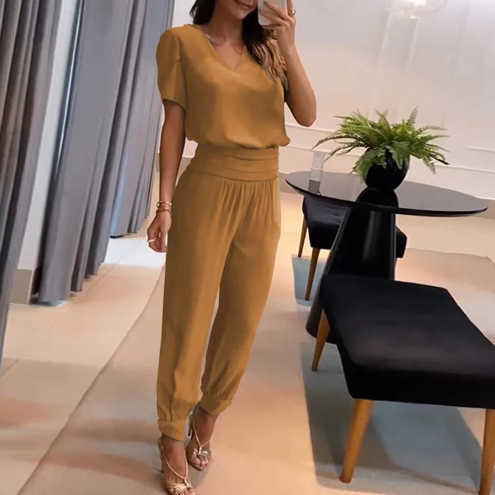 2025 New Long Pant Sets Summer Fashion Casual V-neck Print Short Sleeve Trousers Suit Two-piece Set 2 Piece Sets Women Outfit
