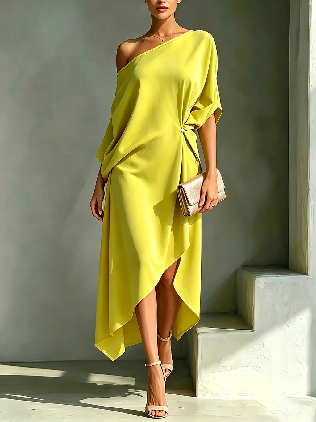 Women Summer Elegant Off Shoulder Half Sleeve chic Dress Batwing Sleeves Irregular Button Design Vintage Casual Holiday Dresses
