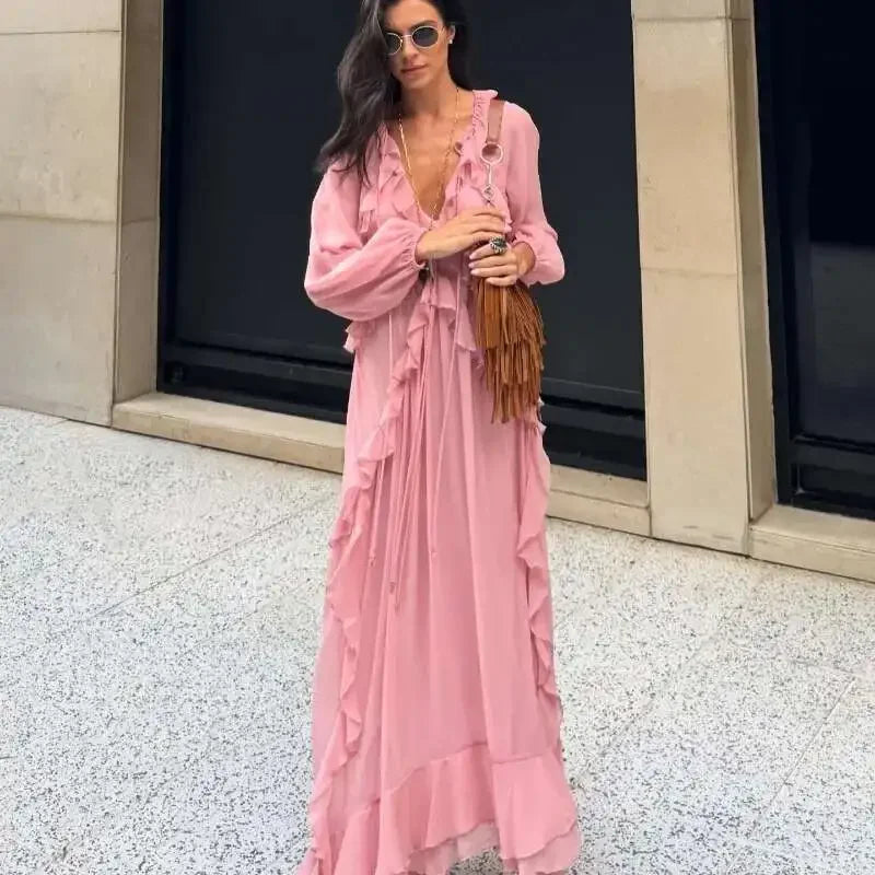 2026 Casual Solid Ruffles Patchwork Robe Women Minimalist Full Sleeve Mesh Loose Fit Lace Up Maxi Dress Vacation Daily Date Wear