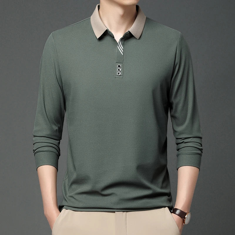 New Men's Business Casual Long Sleeved Shirt Solid Color Polo Shirt Fashionable Breathable Comfortable Versatile Top